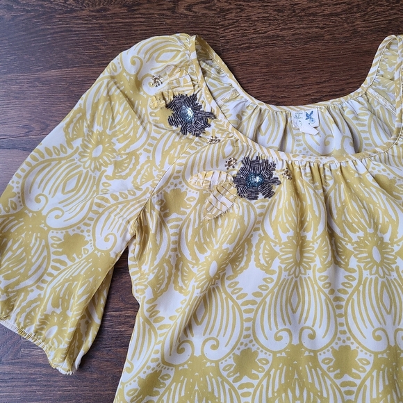 Anthropologe Edme & Esyllte Yellow Patterned Women's Silk Top Sz.6 - Picture 2 of 9